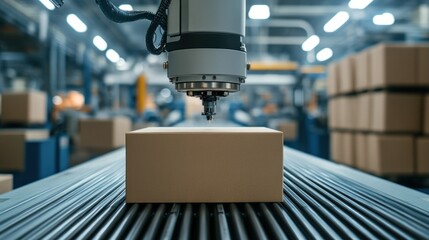 Poster - Robotic Arm Carefully Processing Cardboard Boxes in a Modern Factory