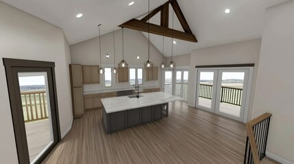 Poster - Modern kitchen with open living space featuring various windows and lighting