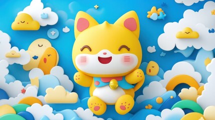 Poster - A joyful yellow cartoon cat character surrounded by clouds and sky