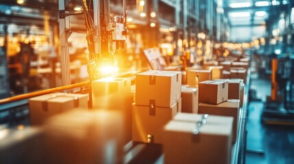 Poster - Conveyor belt transporting cardboard boxes through a factory setting