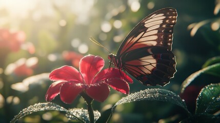 Poster - A vibrant butterfly gracefully resting on a crimson colored flower