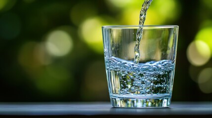 Poster - Clear water pouring into a transparent glass on a table
