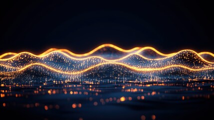 Poster - Glowing orange waveform floats above dark reflective water surface