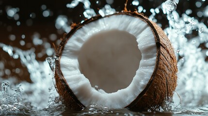 Poster - Freshly cut coconut submerged and surrounded by refreshing water droplets