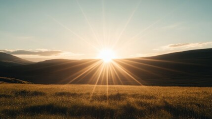 Poster - Golden hour sunlight shines brightly over the rolling grassy hills