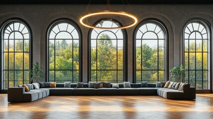 Poster - A modern living room showcasing large windows and natural surroundings