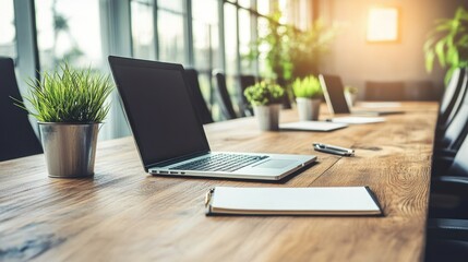 Poster - A modern office conference room table with laptops and plants