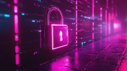 Poster - A glowing padlock suggests digital security within a data center