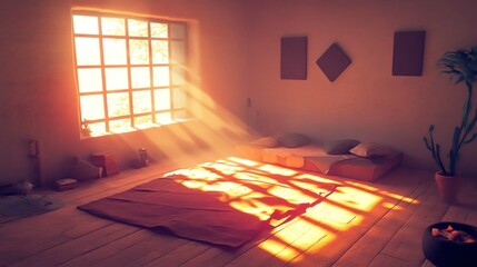 Poster - An interior bedroom space with morning sunlight shining brightly through window