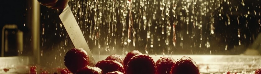 Poster - A Knife Cutting Fresh Red Berries With Splashing Water Drops