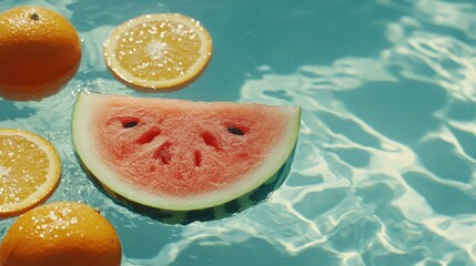 Poster - Sliced watermelon and citrus fruits floating in cool water
