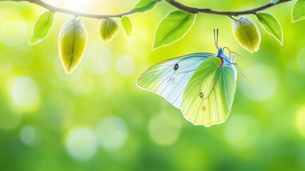 Poster - A beautiful butterfly is perched under green leaves in the sunshine