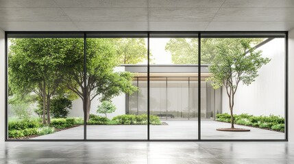 Poster - A modern interior with large windows overlooking a garden