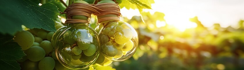Poster - Two jars holding grapes suspended in a vineyard at sunset