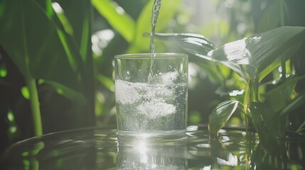 Poster - Clear water is poured into a glass in a natural setting