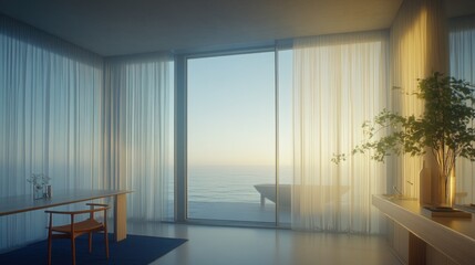 Poster - A bright and airy interior with ocean view and sheer curtains