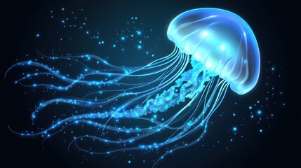 Poster - An illuminated translucent jellyfish gracefully floats in dark background waters