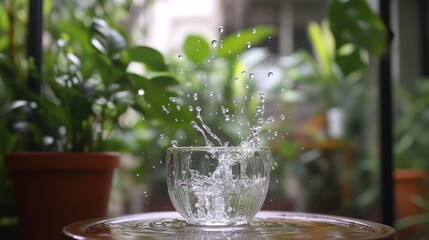 Poster - Water splashes from a clear glass on a table surrounded by greenery