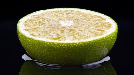 Poster - A sliced green citrus fruit resting in liquid on a dark surface