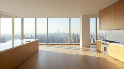 Poster - Modern kitchen with large windows and a beautiful city view