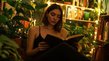 Poster - A Young Woman Reads Peacefully Surrounded By Plants And Books