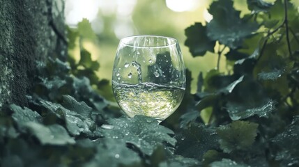 Poster - A wine glass with liquid surrounded by leafy green foliage