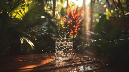 Poster - A glass of water with splash in a lush green environment
