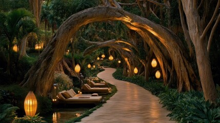 Poster - a beautifully lit path under the arching limbs of mature trees