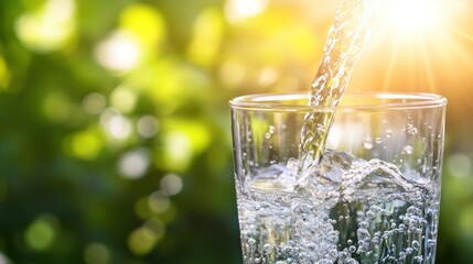 Poster - Clear water is flowing into a glass with sun shining