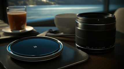 Poster - A table set with a glass lens and a coffee beverage