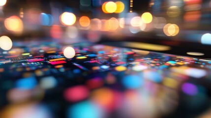 Poster - Close view of a luminous tech device with city lights bokeh