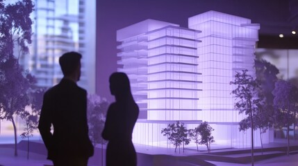 Poster - Silhouetted people look at a miniature building architectural design