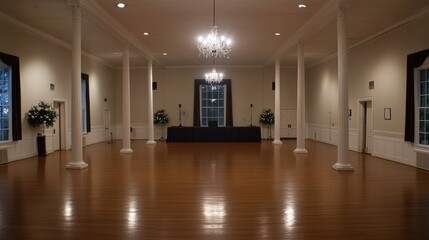 Poster - A Large Empty Ballroom with Decorative Columns and Crystal Chandeliers