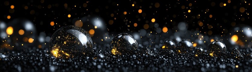 Poster - Shiny spheres with golden particles are on a dark surface