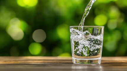 Poster - Clear Water Poured Into A Glass With A Green Background