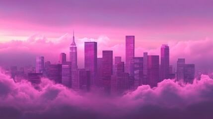 Poster - Purple hued cityscape featuring skyscrapers engulfed in soft clouds