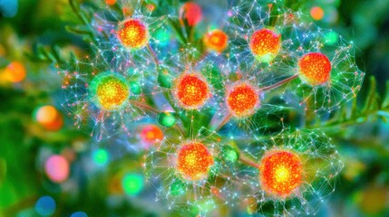 Poster - Illuminated branches connect abstract glowing colorful round forms visually