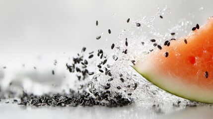 Poster - A refreshing watermelon slice with seeds and water splashing