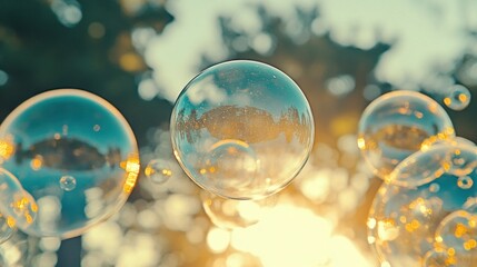 Poster - Transparent floating soap bubbles reflecting light and surrounding environment