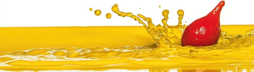 Poster - A red fruit impacting yellow liquid creating a splash effect
