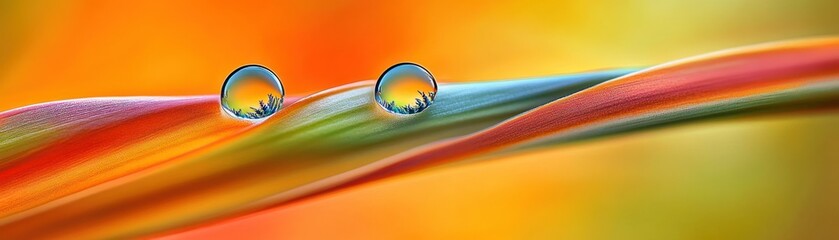 Poster - Two translucent water droplets sit on a colorful curved plant