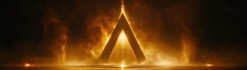 Poster - A radiant structure framed by fire and encompassed in dark smoke