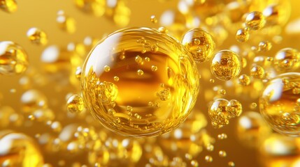 Poster - Golden Spherical Bubbles Floating in a Fluid Environment Abstract Illustration