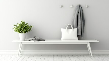 Poster - A minimalist interior featuring a white bench with various items displayed