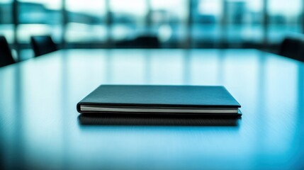 Aufkleber - A closed black notebook rests on a reflective wooden table