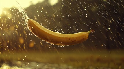 Poster - A yellow banana is being splashed with water during rainfall