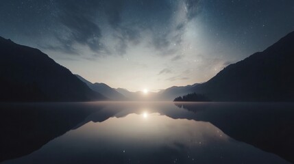Poster - A serene landscape scene with mountain reflection and starry sky