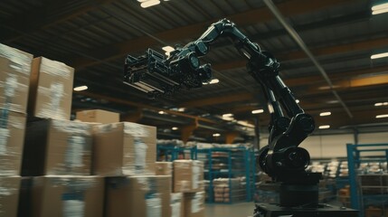 Poster - A robotic arm is lifting boxes inside a large warehouse space
