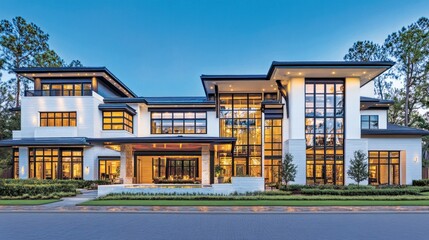 Aufkleber - A modern multi story house with glass windows and a stone facade