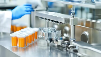 Poster - Automated manufacturing process filling containers with orange colored powder